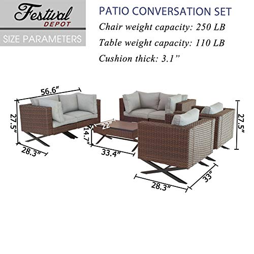 Festival Depot 7pcs Outdoor Furniture Patio Conversation Set Sectional Sofa Chairs with X Shaped Metal Leg All Weather Brown Rattan Wicker Coffee Table with Grey Thick Seat Back Cushions