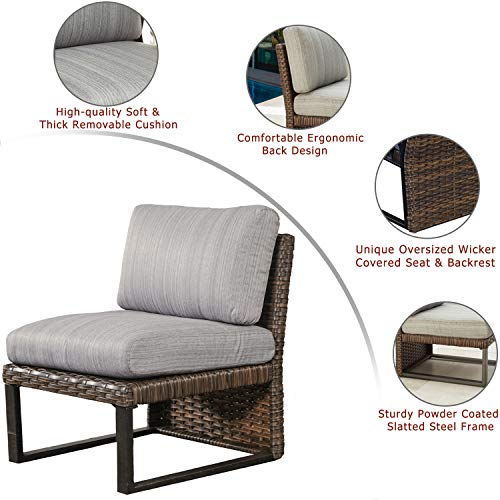 Festival Depot Dining Outdoor Patio Bistro Furniture Armless Section Chairs Wicker Rattan Premium Fabric Soft&Comfortable 5.5" Cushions with Metal Steel Frame Legs for Garden Poolside Lawn All-Weather 