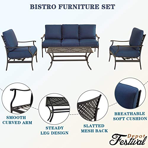 Festival Depot 4 Pcs Conversation Sets 5 Seats Patio Outdoor Arm Chairs Loveseat Set with Coffee Table Fabric Metal Frame Furniture Garden Bistro Seating Thick Soft Cushion,