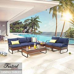 Festival Depot Dining Outdoor Patio Bistro Furniture Left Armrest Section Chair with Curved Armrest Wicker Rattan Soft Cushion with Side U Shaped Slatted Steel Leg for Garden Yard Poolside All-Weather