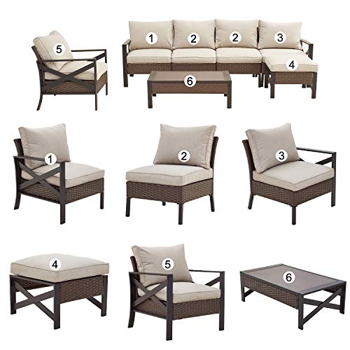 Festival Depot 7 Pieces Patio Conversation Set Outdoor Furniture Sectional Sofa with All-Weather Brown PE Wicker Back Armchair, Coffee Table, Ottoman and Thick Soft Removable Couch Cushions
