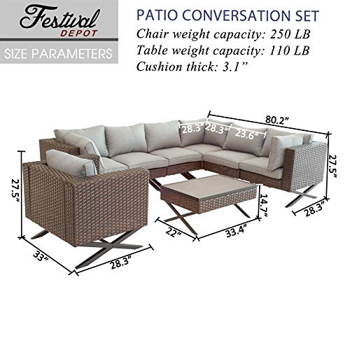 Festival Depot 8pcs Outdoor Furniture Patio Conversation Set Sectional Corner Sofa Chairs with X Shaped Metal Leg All Weather Brown Rattan Wicker Rectangle Coffee Table with Grey Seat Back Cushions 