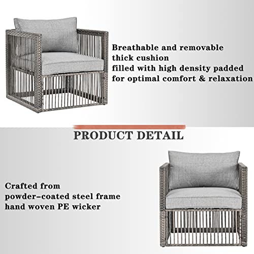 Festival Depot Wicker Patio Single Sofa, Outdoor Armchair, All-Weather Brown PE Rattan Couch Chair Waterproof Sectional Furniture for Balcony Garden Pool Lawn Backyard (Grey Thick Cushion) 