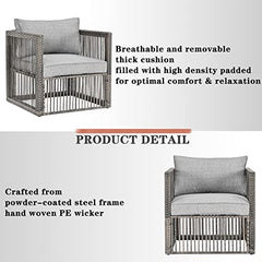 Festival Depot Wicker Patio Single Sofa, Outdoor Armchair, All-Weather Brown PE Rattan Couch Chair Waterproof Sectional Furniture for Balcony Garden Pool Lawn Backyard (Grey Thick Cushion)