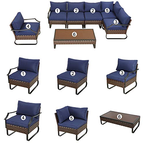 Festival Depot 7 Pieces Patio Conversation Sets Outdoor Furniture Sectional Corner Sofa with All-Weather PE Rattan Wicker Back Armchair, Coffee Table and Thick Soft Removable Couch Cushions (Blue)