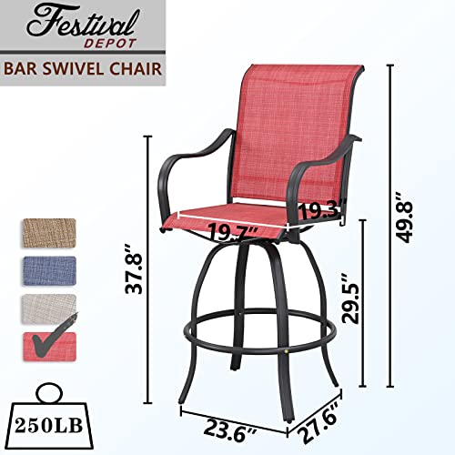 Festival Depot 6-Piece Bar Bistro Patio Outdoor Dining Furniture Sets High Stools 360° Swivel Chairs with Slatted Steel Curved Armrest Square Coffee Side Table Tempered Glass Desktop