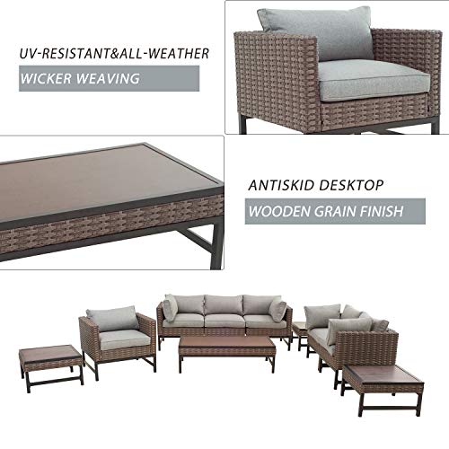 Festival Depot 10 Pieces Patio Conversation Set Outdoor Furniture Combination Sectional Sofa Loveseat All-Weather Woven Wicker Metal Armchairs with Seating Back Cushions Side Coffee Table,Gray