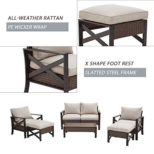 Festival Depot 7 Pcs Patio Outdoor Furniture Loveseat Conversation Set Sectional Sofa with All-Weather Brown Wicker Back Chair, Coffee Table, Ottoman and Removable Couch Cushions 