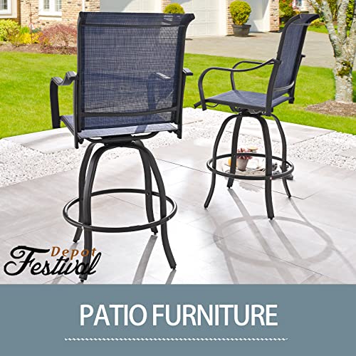 4-Piece Blue 27.6" Bar Height Textilene Swivel Stool Armrests Dining Chairs for Outdoor Bistro Elegance 