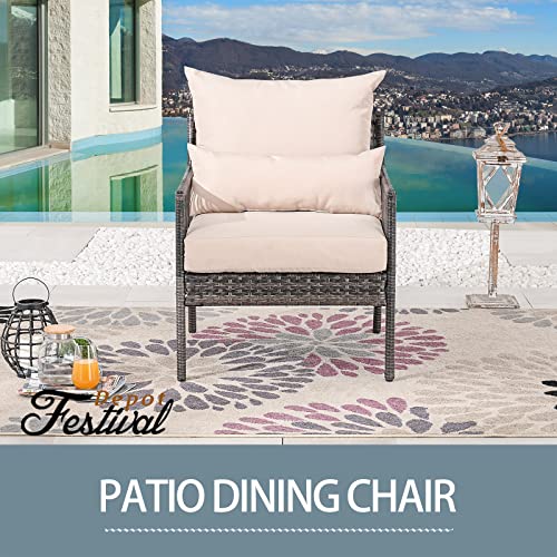 Festival Depot Patio Wicker Dining Chair, All-Weather Rattan Sectional Sofa Outdoor Furniture with Metal Frame Removable Seat & Back Cushion Pillow for Garden Pool Backyard Lawn (Beige)