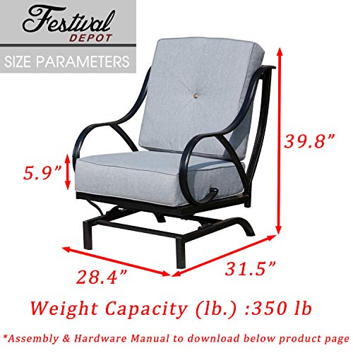 Festival Depot 2 of Outdoor Dining Patio Armrest Furniture Garden Bistro Seating Chairs with 5.9''Blue Deeping Thick & Soft Cushions Premium Fabric Metal Frame Curved Armrest All Weather,Gray