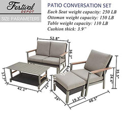 Festival Depot 4pcs Patio Conversation Set Wicker Armchair All Weather Rattan Glider Loveseat Ottoman with Grey Thick Cushions Coffee Table in Metal Frame Outdoor Furniture for Deck Poolside