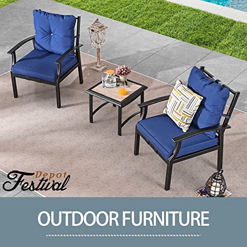 Festival Depot 3-Piece Patio Bistro Set Conversation Set Armchair Set with Side Coffee Table Outdoor Furniture with Hand-Woven Textilene Rope Backrest (Black Metal Frame with Blue Cushion)