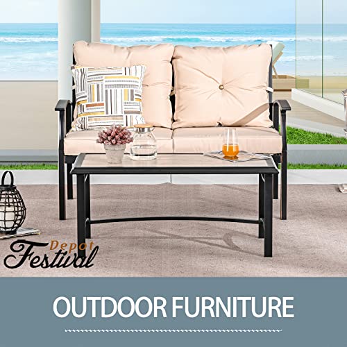 Festival Depot 2 Pcs Patio Set Conversation Set with Coffee Table Outdoor Furniture Loveseat Armchair with Hand-Woven Textilene Rope Backrest (Black Metal Frame with Beige Cushion) 