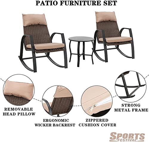 Luxury 3 Piece Rattan Rocking Bistro Set with Cushioned Armchairs and Metal Table