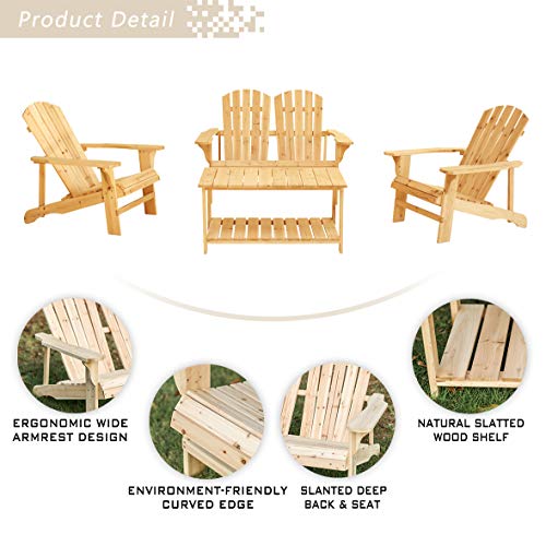 Festival Depot 4 Pieces Patio Conversation Set Outdoor Wood Adirondack Chairs, Loveseat and Coffee Table for Lawn, Deck, Beach, Backyard, Porch, Balcony, Wooden