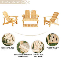 Festival Depot 4 Pieces Patio Conversation Set Outdoor Wood Adirondack Chairs, Loveseat and Coffee Table for Lawn, Deck, Beach, Backyard, Porch, Balcony, Wooden