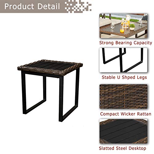 Festival Depot 5 Pcs Bistro Outdoor Patio Furniture Conversation Set Wicker Rattan Armchairs Rectangle Ottoman with Premium Fabric Cushion Square Side Coffee Table with Metal Slatted Steel Legs Frame