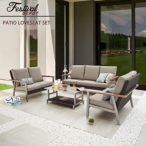 Festival Depot 4-Pieces Patio Outdoor Conversation Loveseats Chairs Set with Coffee Rectangle Table Metal Frame Furniture Garden Bistro Seating Thick Soft Cushions (4pc Patio Loveseat Set) 