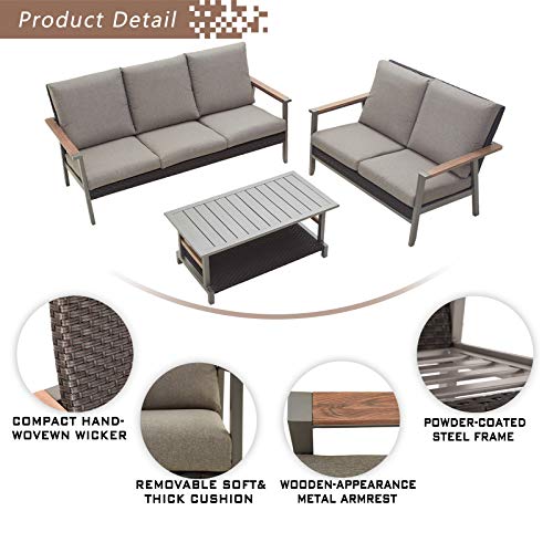 Festival Depot 3pcs Patio Conversation Set Wicker Armchair All Weather Rattan Loveseat 3-Seater Sofa with Grey Thick Cushions and Coffee Table in Metal Frame Outdoor Furniture for Deck Poolside 