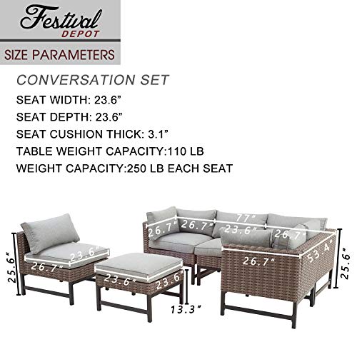 Festival Depot 6 Pieces Patio Outdoor Furniture Conversation Set Sectional Corner Sofa Wicker Chairs Ottomans with Metal Frame Furniture Seating Thick Soft Cushion (Gray) 