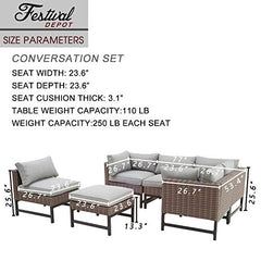 Festival Depot 6 Pieces Patio Outdoor Furniture Conversation Set Sectional Corner Sofa Wicker Chairs Ottomans with Metal Frame Furniture Seating Thick Soft Cushion (Gray)