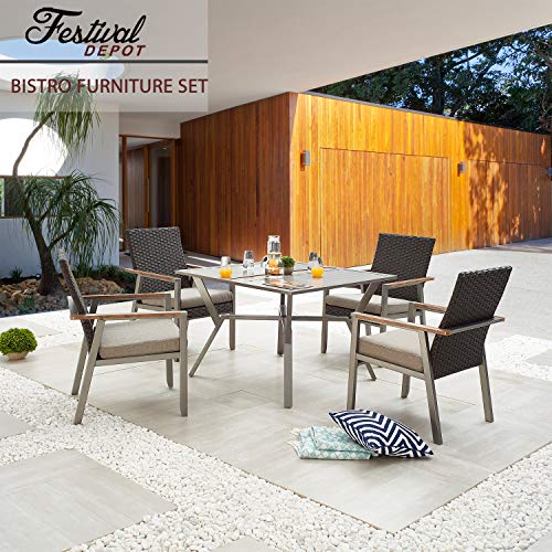 Festival Depot 5 Pcs Patio Set Square Dining Table with 2.16" Umbrella Hole and 4 Rattan Wicker Chairs with Seat Cushions in Metal Frame Outdoor Furniture for Porch Lawn Poolside Backyard, Dark Grey