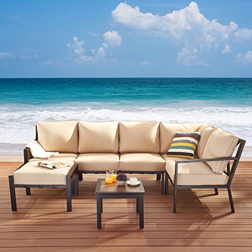 Festival Depot 7-Pieces Patio Conversation Sets Outdoor Furniture Loveseat Sectional Corner Sofa, All-Weather Black Slatted Back Chairs with Coffee Table and Soft Removable Couch Cushions(Beige)