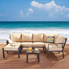 Festival Depot 7-Pieces Patio Conversation Sets Outdoor Furniture Loveseat Sectional Corner Sofa, All-Weather Black Slatted Back Chairs with Coffee Table and Soft Removable Couch Cushions(Beige)
