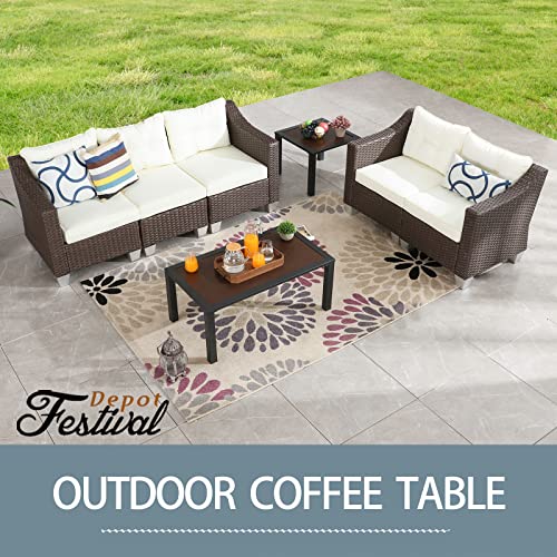 Festival Depot Outdoor Table Patio Dining Table with Metal Steel Frame Wooden-Like End Top All Weather Sectional Furniture for Garden Yard Lawn Pool