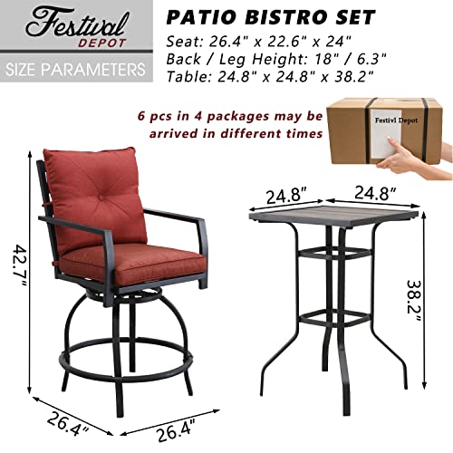 Festival Depot 6pcs Bar Bistro Outdoor Patio Furniture Set High Stool 360° Swivel Armrest Chairs with Comfort Cushion Square DPC Desktop Wood Grain Top Table Metal Steel Frame Leg All-Weather (Red) 