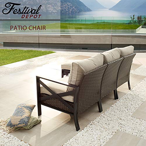 Festival Depot Outdoor Patio Bistro Dining Chairs Left Armrest Chair with X-Shaped Armrest Sofa Wicker Rattan with Thick Soft Cushion with Steel Frames for Garden Yard Poolside 