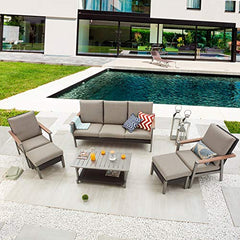 Festival Depot 6pcs Patio Conversation Set All Weather Metal Armchair Rattan Wicker Ottoman 3-Seater Sofa with Grey Thick Seat Back Cushions and Coffee Table Outdoor Furniture for Garden Deck