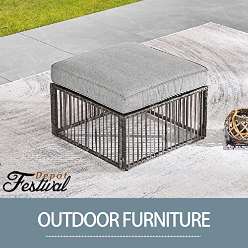 Festival Depot Wicker Patio Ottoman with Metal Footstool Thick Cushion, All-Weather Brown Rattan Waterproof Sectional Furniture for Balcony Garden Pool Lawn Backyard (Grey)