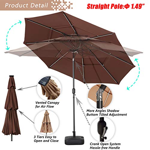 Festival Depot 9.8ft Outdoor Patio 3 Tiers Ventilation Market Aluminum Umbrella Button Tilt Easy Crank Center Light 8 Solar Powered LED Lights Bars All-Weather