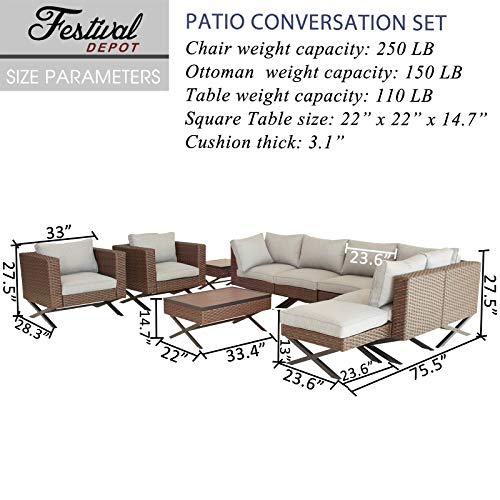 Festival Depot 10Pc Outdoor Furniture Patio Conversation Set Sectional Corner Sofa Chairs with X Shaped Metal Leg All Weather Brown Rattan Wicker Ottoman Side Coffee Table with Grey Seat Back Cushions 