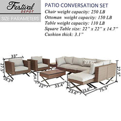 Festival Depot 10Pc Outdoor Furniture Patio Conversation Set Sectional Corner Sofa Chairs with X Shaped Metal Leg All Weather Brown Rattan Wicker Ottoman Side Coffee Table with Grey Seat Back Cushions