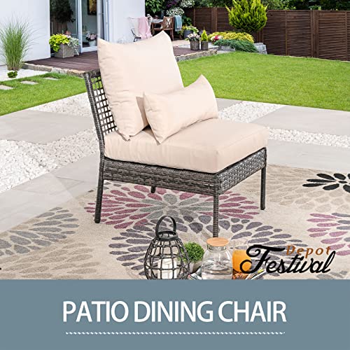 Festival Depot Patio Wicker Dining Chair, All-Weather Rattan Sectional Sofa Outdoor Furniture with Metal Frame Removable Seat & Back Cushion Pillow for Garden Pool Backyard Lawn (Beige)