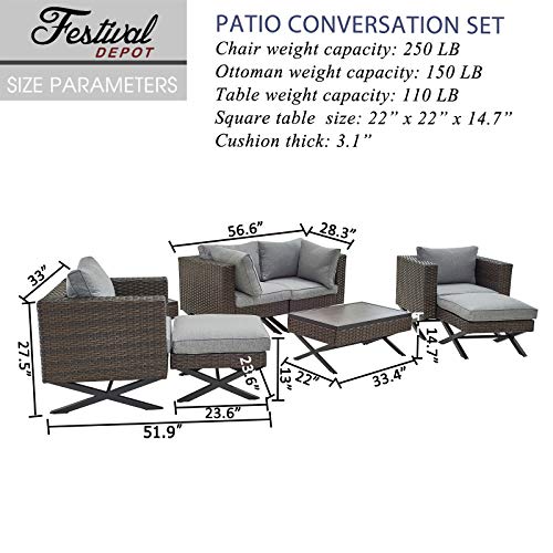 Festival Depot 8pcs Outdoor Furniture Patio Conversation Set Sectional Sofa Chairs with X Shaped Metal Leg All Weather Brown Rattan Wicker Ottoman Coffee Table with Grey Thick Seat Back Cushions
