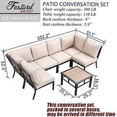 Festival Depot 7pcs Patio Conversation Set Sectional Chairs with Thick Cushions Corner Sofas and Side Coffee Table All Weather Metal Outdoor Furniture for Garden Backyard, Beige