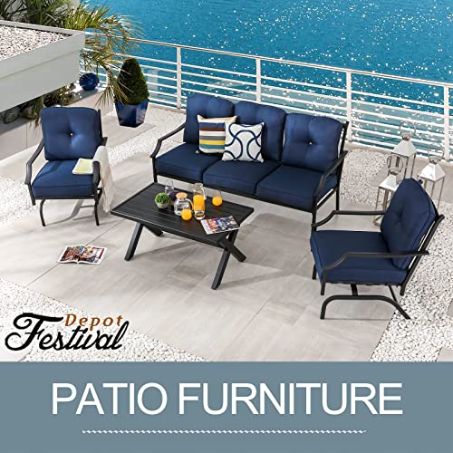 Festival Depot 4 Pieces Patio Conversation Set Outdoor Furniture Set (3-Seats Loveseat, 2 Armchairs and 1 Coffee Table) with Metal Frame and Cushions for Garden Poolside Backyard Deck