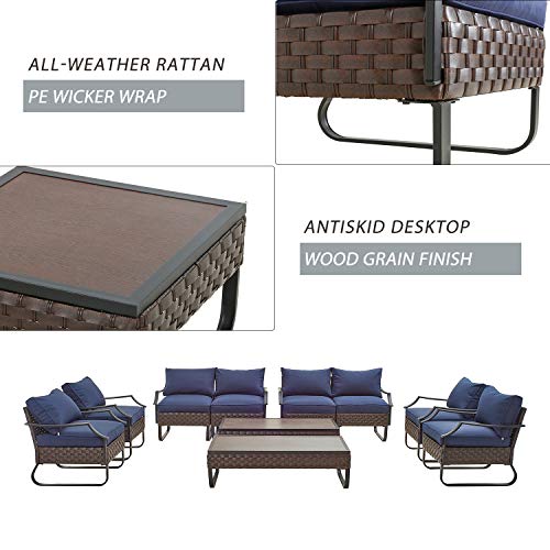 Festival Depot 10 Pcs Outdoor Furniture Patio Conversation Sets Sectional Sofa Loveseat with All-Weather PE Rattan Wicker Armchair,Coffee Table and Soft Removable Couch Cushions (Blue) 