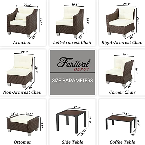Festival Depot 5 Pcs Patio Conversation Set Outdoor Furniture Combination Sectional Sofa All-Weather PE Wicker Metal Armchairs with Seating Back Cushions Side Coffee Table (Beige) 