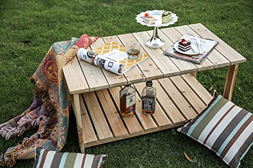 Natural Finish Wooden Patio Coffee Table with Storage Shelf