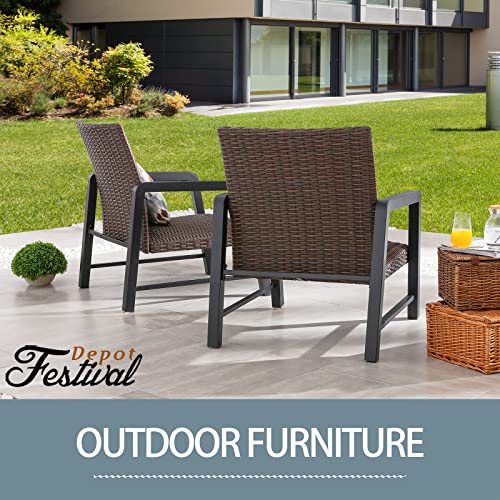 Festival Depot 2Pcs Patio Armchair Set, PE Wicker Bistro Set, All-Weather Dining Chairs with Soft Cushion Quick-Drying Cotton Built-in Under Seat Outdoor Furniture for Backyard Porch Lawn Deck Garden