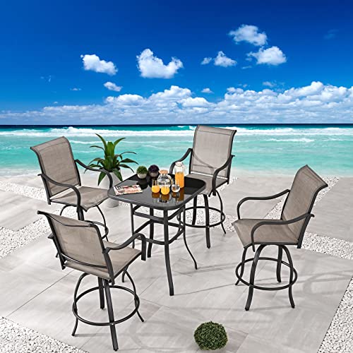 Festival Depot 5 Pcs Patio Bistro Set 360° Swivel Chairs and Bar Height Table with Tempered Glass Top Outdoor Furniture Dining Set (4 Chairs,1 Table) (Grey)