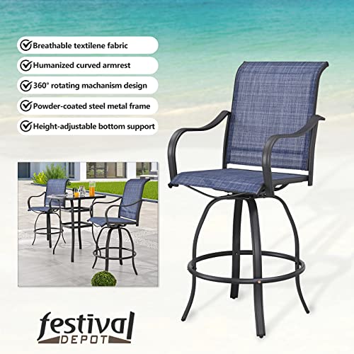 4-Piece Blue 27.6" Bar Height Textilene Swivel Stool Armrests Dining Chairs for Outdoor Bistro Elegance 