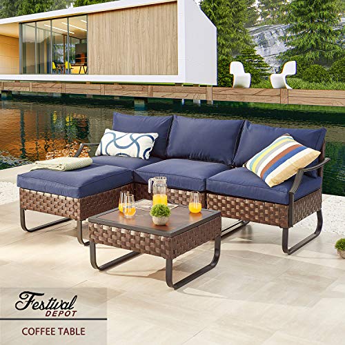 Festival Depot Coffee Outdoor Dining Furniture Bistro Side Patio Table Square Wicker Rattan Wood Grain Desktop with Side U Shaped Slatted Steel Leg Lawn Garden All Weather 23.6"(L)*23.6"(W)*13.7"(H) 