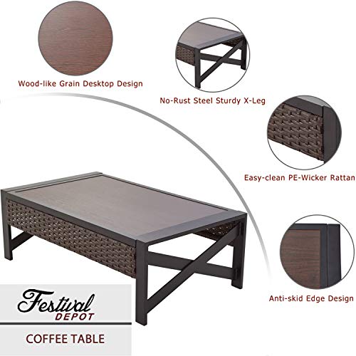 Festival Depot Coffee Outdoor Dining Furniture Bistro Side Patio Table Rectangle Wicker Rattan Wood Grain Desktop with Side X Shaped Slatted Steel Legs Garden All Weather 38.2"(L) x 21.7"(W) x 13"(H) 