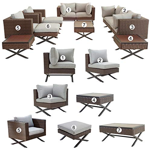 Festival Depot 12pcs Outdoor Furniture Patio Conversation Set Sectional Corner Sofa Chairs with X Shaped Metal Leg All Weather Brown Rattan Wicker Rectangle Coffee Table with Grey Seat Back Cushions 